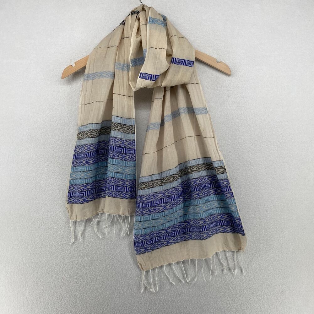 EILEEN FISHER Scarf OS Organic Cotton Fringed Wrap Southwestern Beige Blue